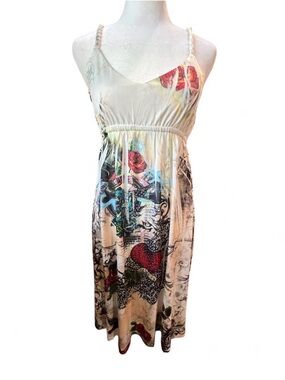 Bohemian Cream Floral & Heart Print Spaghetti Strap Dress